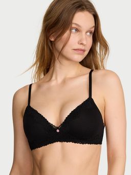 Victoria's Secret - The T-shirt Cotton Shadow Stripe Lace-Trim Lightly Lined Wireless Black Bra