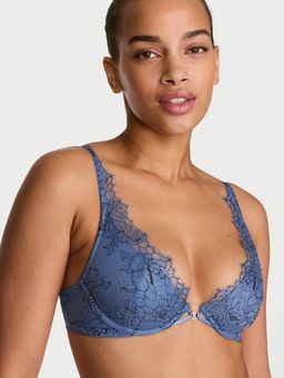 Victoria's Secret - Very Sexy Denim Rose Lace Lightly Lined Plunge Blue Bra