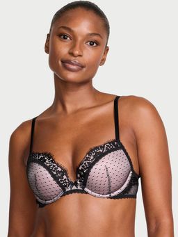 Victoria's Secret - Dream Angels Heritage Dot Mesh Lace-Trim Push-Up Pink Bra