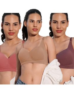 BODYSIZE - Women's Cotton Lycra Wire Free High coverage Padded Multi-Color Bra (Pack of 3)