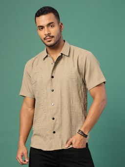 RIGO - Men Beige Embroidered Linen Shirt