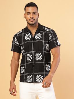 RIGO - Men Black Embroidered Linen Shirt
