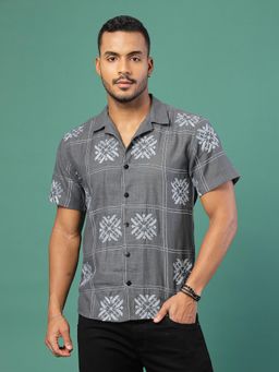 RIGO - Men Grey Embroidered Linen Shirt