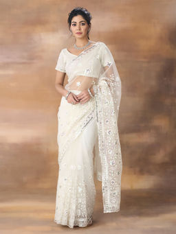 Kasee - Net Floral Embroidered Saree with Unstitched Blouse