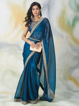 Kasee - Blue Embroidered Saree with Unstitched Blouse