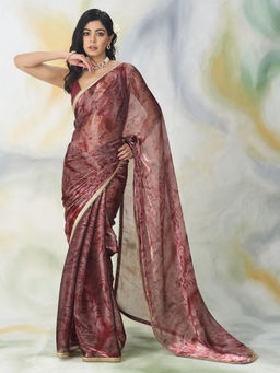 Kasee - Maroon Printed Saree with Unstitched Blouse