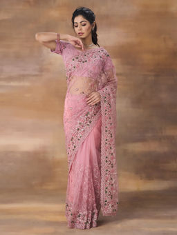 Kasee - Net Floral Embroidered Saree with Unstitched Blouse