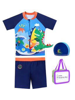 Little Surprise Box - 2 pcs Shirt & Shorts set Blue 3d Dino Surfer Kids Swimwear+ Swim Cap with UPF 50+