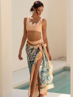 Addery - Cream Printed Regular Bikini Top and Bottom with Sarong