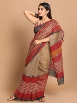 Indethnic - Red & Beige Printed Cotton Blend Saree with Unstitched Blouse