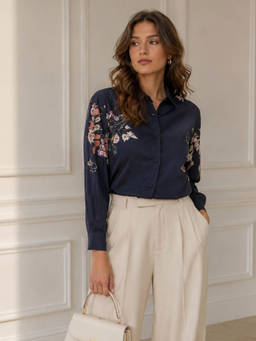 Styli - Navy Blue Floral Polyester Regular Shirt