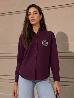 Styli - Womens Cotton Solid Burgundy Shirt