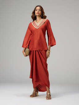 Gajra Gang - Rust Poly Silk Trim Embellished Kurta With Draped Skirt Moroccan View