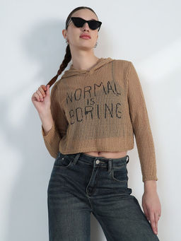 SHOWOFF - Edition Women's Typography Brown Regular Hooded Crop Top With Inner (Set of 2)