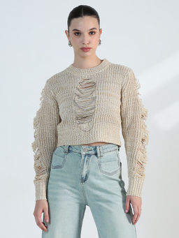 SHOWOFF - Edition Women's Self Design Beige Regular Crop Top