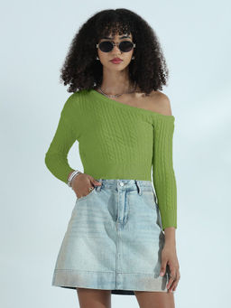 SHOWOFF - Edition Women's Ribbed Green Off Shoulder Crop Top