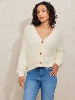 SHOWOFF - Edition Women's Off White Faux Fur Top With Buttons