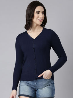 SHOWOFF - Women's Navy Blue V-Neck Top With Buttons