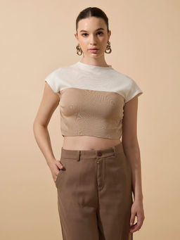 SHOWOFFFF - Women's Ribbed Beige High Neck Ruched Crop Top