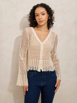 SHOWOFFFF - Edition Women's Crochet Beige V-Neck Full Sleeves Top With Buttons
