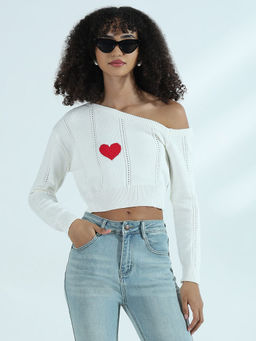 SHOWOFFFF - Edition Women's Ribbed White One Shoulder Crop Top With Heart
