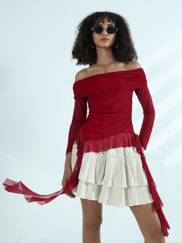 SHOWOFF - Edition Women's Red Off-Shoulder Mesh Long Sleeve Top
