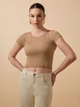 SHOWOFFFF - Women's Striped Ribbed Brown Short Top With Round Neck