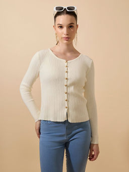 SHOWOFF - Women's Ribbed Off White Full Sleeves Top With Gold Buttons