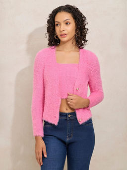 SHOWOFFFF - Women's Textured Pink Fuzzy Crop Top With Shrug (Set of 2)