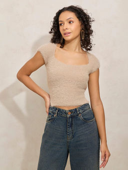 SHOWOFFFF - Edition Women's Beige Square Neck Solid Crop Top