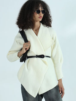 SHOWOFF - Edition Women's Cream Textured Knit Wrap Top With Belted Waist (Set of 2)