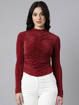SHOWOFF - Women's Red High Neck Fitted Top