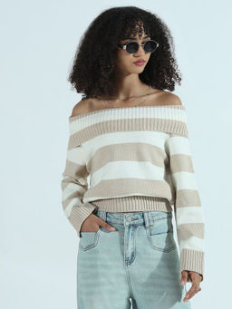 SHOWOFF - Edition Women's Beige And White Striped Off-Shoulder Knit Top
