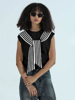 SHOWOFFFF - Edition Women's Black Sleeveless Knit Top With Striped Tie-Up Detail