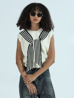 SHOWOFF - Edition Women's Cream Sleeveless Knit Top With Striped Tie-Up Detail