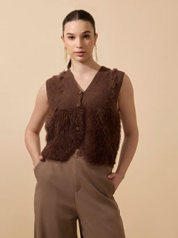 SHOWOFF - Edition Women's Textured Brown Fuzzy V-Neck Top With Buttons