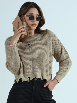 SHOWOFF - Edition Women's Beige Distressed Top With Attached Neck Chain