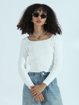 SHOWOFF - Edition Women's Ribbed White Round Neck Fitted Crop Top