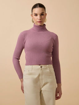 SHOWOFF - Women's Ribbed Mauve Turtleneck Full Sleeves Top