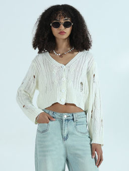 SHOWOFFFF - Edition Women's Distressed Off White Cropped Top