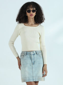 SHOWOFF - Edition Women's Ribbed Cream Round Neck Fitted Crop Top