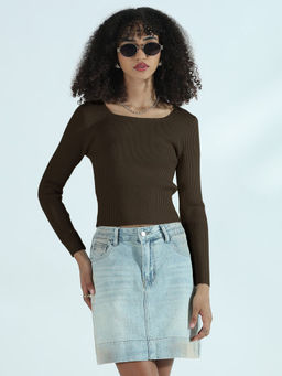 SHOWOFF - Edition Women's Ribbed Olive Round Neck Fitted Crop Top