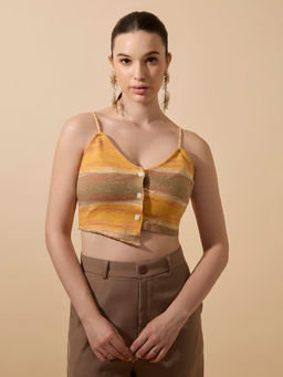 SHOWOFF - Women's Mustard Spaghetti Strap Crop Top With Button Detail