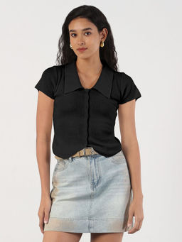 SHOWOFF - Women's Black Shirt Collar Fitted Top