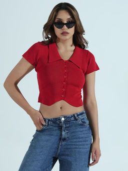 SHOWOFF - Edition Women's Ribbed Red Top With Spread Collar