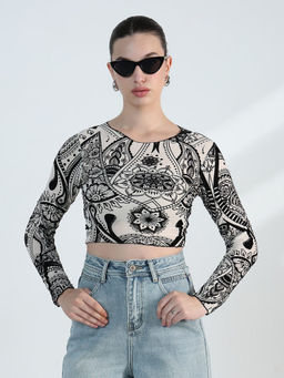 SHOWOFF - Edition Women's Ethnic Motifs Black Fitted Crop Top