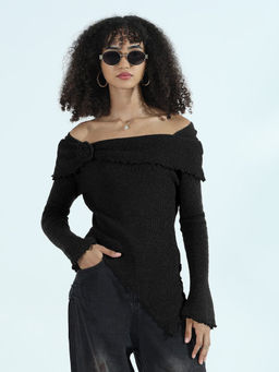 SHOWOFF - Edition Women's Textured Black Asymmetric Off-Shoulder Knit Top