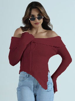SHOWOFF - Edition Women's Textured Maroon Asymmetric Off-Shoulder Knit Top