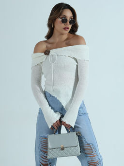 SHOWOFF - Edition Women's Off White Asymmetric Off-Shoulder Knit Top With Wood Button