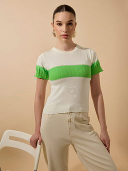 SHOWOFF - Women's Ribbed Colour Blocked Off White Knitted Top